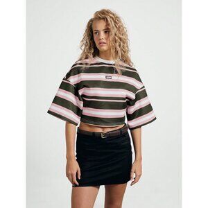 Aiirz Striped Cropped Womens T-Shirt Size M Green & Pink  Relax Fit Short Sleeve